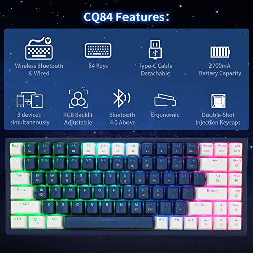 CQ84 Wireless Mechanical Gaming Keyboard, Compact 84 Keys, Programmable RGB Backlight, 60% Keyboard, Blue and White Keycaps for Ipad, Android/windows Tablet, Desktop, PC Gamer(Brown Switch)