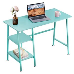 vecelo 43 inch computer writing home office with 2 tier storage shelves，adjustable feet/waterproof,simple workstation, blue desk, 43"