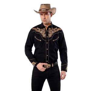 EL PIONERO Men's Western Shirt Long Sleeve Embroidered Cowboy Casual Snap Button Shirt Black-Yellow