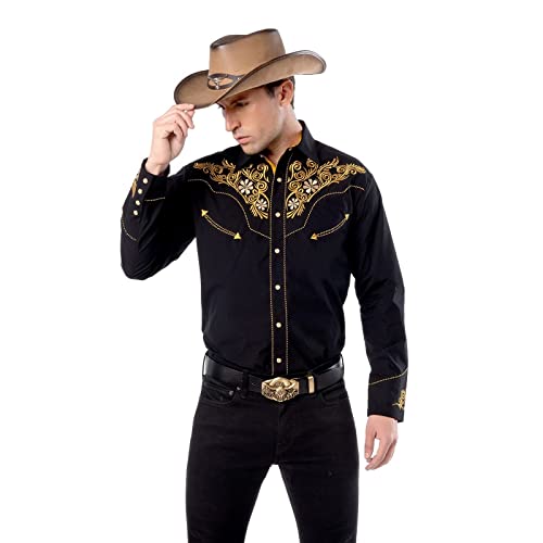 EL PIONERO Men's Western Shirt Long Sleeve Embroidered Cowboy Casual Snap Button Shirt Black-Yellow