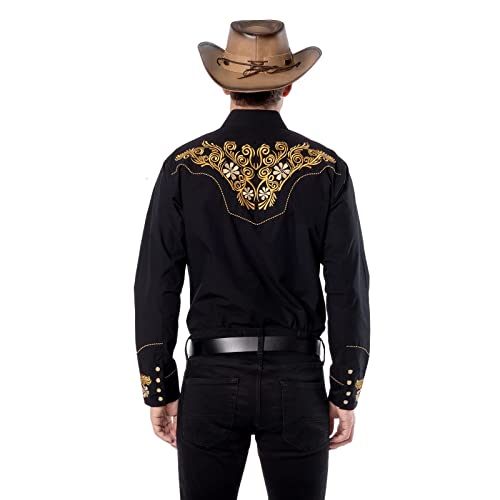 EL PIONERO Men's Western Shirt Long Sleeve Embroidered Cowboy Casual Snap Button Shirt Black-Yellow