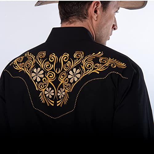 EL PIONERO Men's Western Shirt Long Sleeve Embroidered Cowboy Casual Snap Button Shirt Black-Yellow