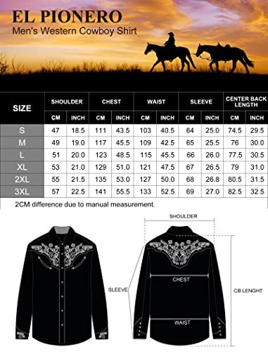 EL PIONERO Men's Western Shirt Long Sleeve Embroidered Cowboy Casual Snap Button Shirt Black-Yellow