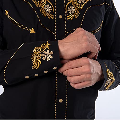 EL PIONERO Men's Western Shirt Long Sleeve Embroidered Cowboy Casual Snap Button Shirt Black-Yellow