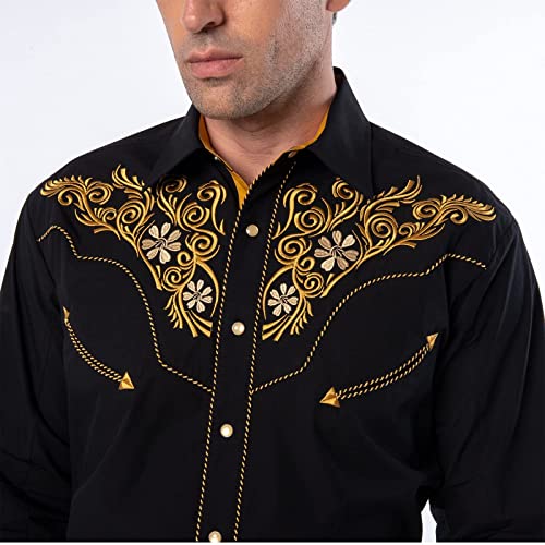 EL PIONERO Men's Western Shirt Long Sleeve Embroidered Cowboy Casual Snap Button Shirt Black-Yellow