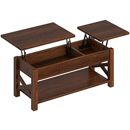 Rolanstar Coffee Table 47.2", 2 Way Lift Top Coffee Table with Hidden Compartment, Lift Top Coffee Table with Open Shelf & X Wooden Support, Farmhouse Center Table for Living Room, Espresso