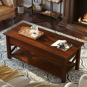 Rolanstar Coffee Table 47.2", 2 Way Lift Top Coffee Table with Hidden Compartment, Lift Top Coffee Table with Open Shelf & X Wooden Support, Farmhouse Center Table for Living Room, Espresso