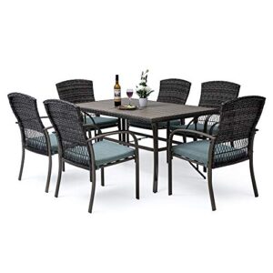 pamapic patio dining table set, garden dining set 7 piece, outdoor wicker furniture set for backyard garden deck poolside/iron slats table top, removable cushions(green)