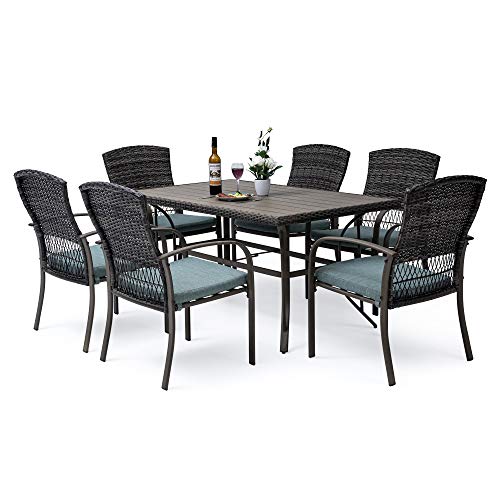 Pamapic Patio Dining Table Set, Garden Dining Set 7 Piece, Outdoor Wicker Furniture Set for Backyard Garden Deck Poolside/Iron Slats Table Top, Removable Cushions(Green)