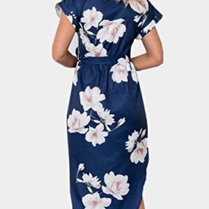 TEMOFON Women's Dresses Summer Floral Short Sleeve Midi V-Neck Casual Dress with Belt Blue Flower M