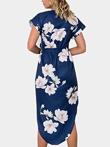 TEMOFON Women's Dresses Summer Floral Short Sleeve Midi V-Neck Casual Dress with Belt Blue Flower M