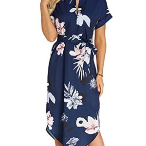 TEMOFON Women's Dresses Summer Floral Short Sleeve Midi V-Neck Casual Dress with Belt Blue Flower M