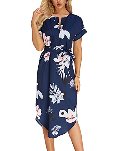 TEMOFON Women's Dresses Summer Floral Short Sleeve Midi V-Neck Casual Dress with Belt Blue Flower M