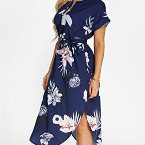 TEMOFON Women's Dresses Summer Floral Short Sleeve Midi V-Neck Casual Dress with Belt Blue Flower M