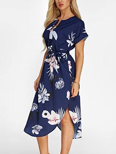 TEMOFON Women's Dresses Summer Floral Short Sleeve Midi V-Neck Casual Dress with Belt Blue Flower M