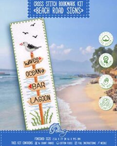 beach signs cross stitch bookmark - coastal wood signs embroidery set with paper pattern, 16 count aida cloth and pre-sorted floss