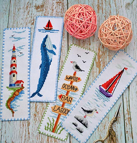 Beach Signs Cross Stitch Bookmark - Coastal Wood Signs Embroidery Set with Paper Pattern, 16 Count Aida Cloth and Pre-Sorted Floss