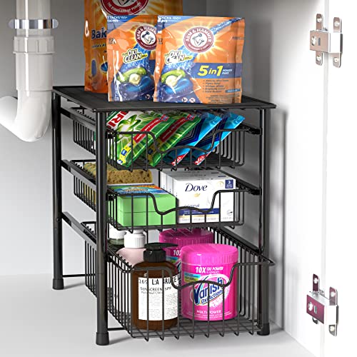 Simple Houseware 3-Tier Stackable Sliding Basket Storage Organizer Drawer for Bathroom and Kitchen, Black