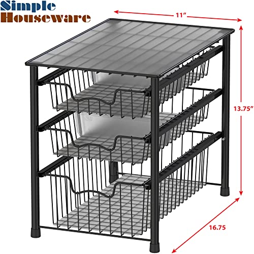 Simple Houseware 3-Tier Stackable Sliding Basket Storage Organizer Drawer for Bathroom and Kitchen, Black