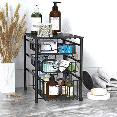 Simple Houseware 3-Tier Stackable Sliding Basket Storage Organizer Drawer for Bathroom and Kitchen, Black