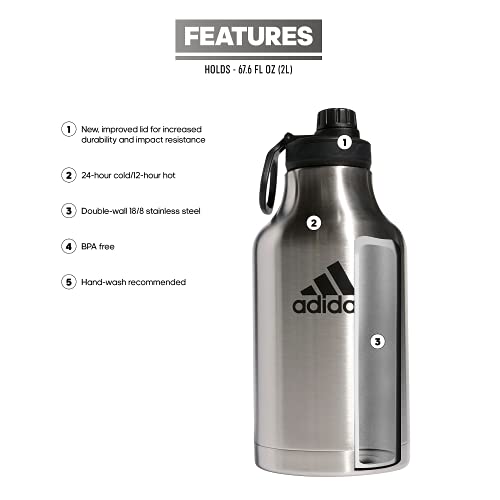 adidas 2 Liter (62 Oz) Metal Water Bottle, Hot/Cold Double-Walled Insulated 18/8, Stainless Steel/Black, One Size