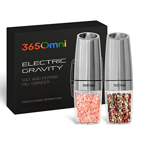 365Omni Gravity Electric Pepper and Salt Grinder Set – Adjustable Coarseness with LED Light – Battery Powered One Hand Automatic Operation – 2 Stainless Steel Mills for Indoors or Outdoors