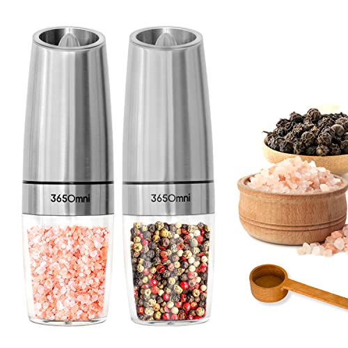 365Omni Gravity Electric Pepper and Salt Grinder Set – Adjustable Coarseness with LED Light – Battery Powered One Hand Automatic Operation – 2 Stainless Steel Mills for Indoors or Outdoors