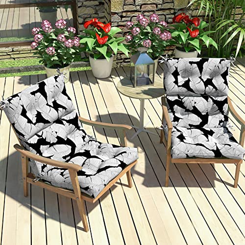 LVTXIII Outdoor Seat/Back Chair Cushion Patio Tufted High Back Cushion, Seasonal Replacement Rocking Chair Cushion with Ties (44” L x 22W”, Set of 2, Black Lush Leaf)