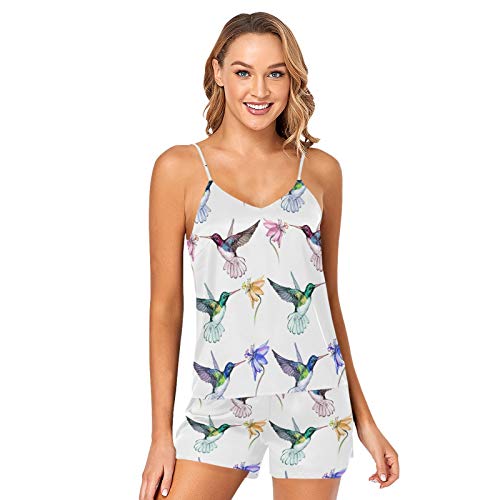 Colorful Hummingbirds with Flowers On White 2 PCs Women's Pajamas Set, Camisole Satin Silk Lingerie Sleepwear, Sleeveless Print Silky Shorts Loungewear Nightwear(L)