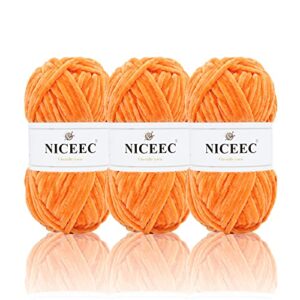niceec 3 skeins soft chenille yarn blanket yarn for knitting fancy yarn for crochet weaving diy craft total length 3×85m (3×93yds, 3×50g)_orange