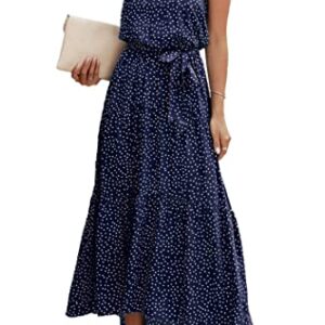 PRETTYGARDEN Women’s Casual Halter Neck Sleeveless Floral Long Maxi Dress Backless Loose Ruffle Sundress with Belt (Navy,X-Large)