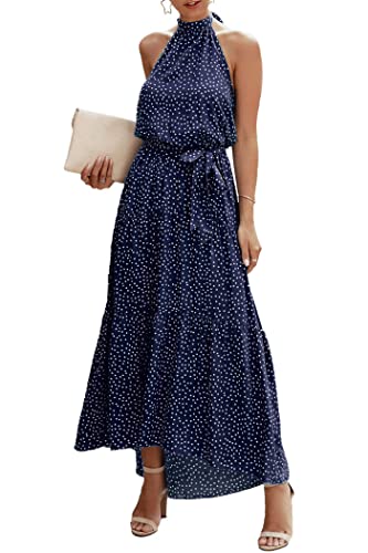 PRETTYGARDEN Women’s Casual Halter Neck Sleeveless Floral Long Maxi Dress Backless Loose Ruffle Sundress with Belt (Navy,X-Large)