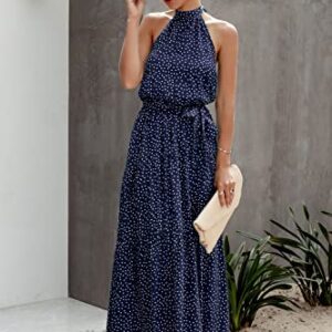 PRETTYGARDEN Women’s Casual Halter Neck Sleeveless Floral Long Maxi Dress Backless Loose Ruffle Sundress with Belt (Navy,X-Large)