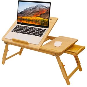 laptop lap desk, coiwai laptop desk for bed, bamboo adjustable angle and height, foldable table stand with tablet phone slot, drawer, portable tray for kids netebook breakfast work study reading