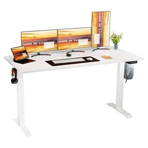 meilocar height adjustable electric standing desk, sit stand computer desk with memory controller, home office workstation stand up desk with splice board, 63" x 24" tabletop (white top + white frame)