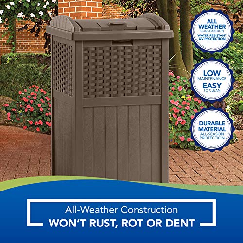 Suncast 73-Gallon Medium Deck Box - Lightweight Resin Indoor/Outdoor Storage Container and Seat - Mocha Brown & Gallon Hideaway Can Resin Outdoor Trash with Lid Use in Backyard, Deck, or Patio, Brown