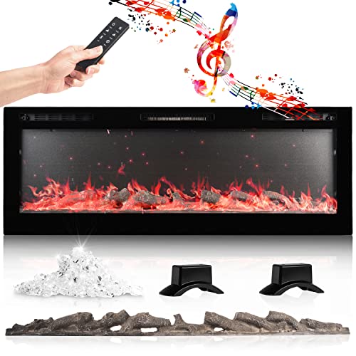 Chic&Cozy Electric Fireplace Insert | 60" Wall Mounted, Recessed Or Base Legs | Plays Music with 2 Bluetooth Speakers | 10-Color Flame LED | Remote Control, Touch Screen, WiFi App & 8 Hour Timer