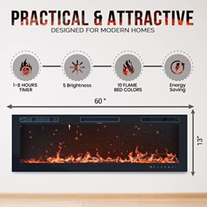 Chic&Cozy Electric Fireplace Insert | 60" Wall Mounted, Recessed Or Base Legs | Plays Music with 2 Bluetooth Speakers | 10-Color Flame LED | Remote Control, Touch Screen, WiFi App & 8 Hour Timer