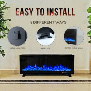 Chic&Cozy Electric Fireplace Insert | 60" Wall Mounted, Recessed Or Base Legs | Plays Music with 2 Bluetooth Speakers | 10-Color Flame LED | Remote Control, Touch Screen, WiFi App & 8 Hour Timer