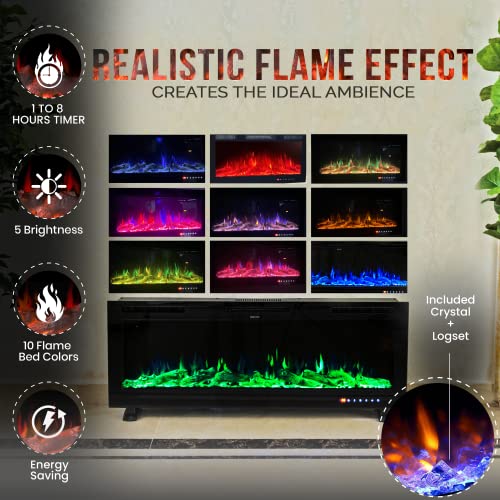 Chic&Cozy Electric Fireplace Insert | 60" Wall Mounted, Recessed Or Base Legs | Plays Music with 2 Bluetooth Speakers | 10-Color Flame LED | Remote Control, Touch Screen, WiFi App & 8 Hour Timer