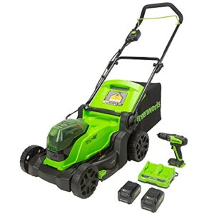 greenworks 48v (2 x 24v) 17" brushless cordless lawn mower + 24v drill / driver, (2) 4.0ah usb batteries (usb hub) and dual port rapid charger included