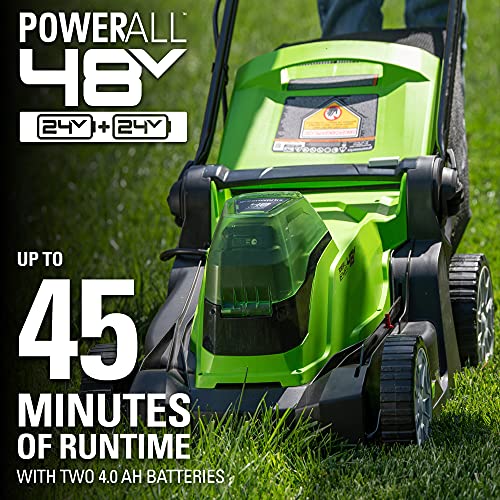 Greenworks 48V (2 x 24V) 17" Brushless Cordless Lawn Mower + 24V Drill / Driver, (2) 4.0Ah USB Batteries (USB Hub) and Dual Port Rapid Charger Included