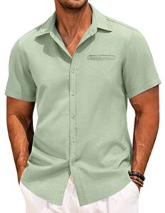 coofandy mens casual short sleeve button shirts regular fit linen shirt lightweight summer tropical shirts for men green