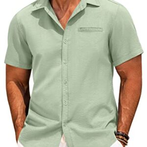 COOFANDY Mens Casual Short Sleeve Button Shirts Regular Fit Linen Shirt Lightweight Summer Tropical Shirts for Men Green