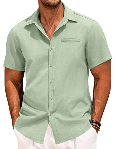 COOFANDY Mens Casual Short Sleeve Button Shirts Regular Fit Linen Shirt Lightweight Summer Tropical Shirts for Men Green