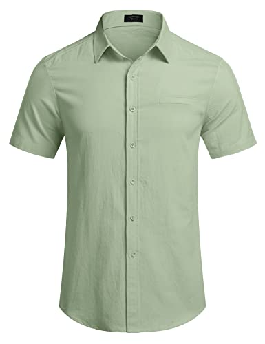 COOFANDY Mens Casual Short Sleeve Button Shirts Regular Fit Linen Shirt Lightweight Summer Tropical Shirts for Men Green