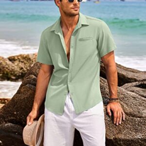 COOFANDY Mens Casual Short Sleeve Button Shirts Regular Fit Linen Shirt Lightweight Summer Tropical Shirts for Men Green