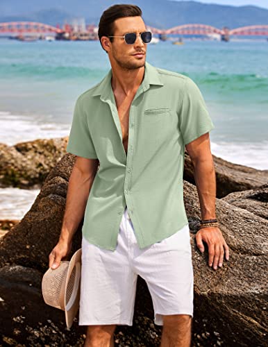 COOFANDY Mens Casual Short Sleeve Button Shirts Regular Fit Linen Shirt Lightweight Summer Tropical Shirts for Men Green