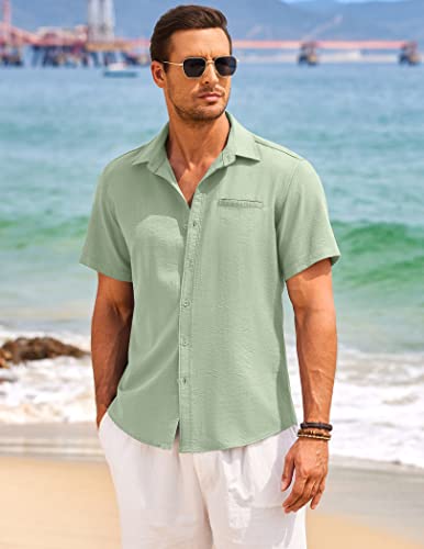 COOFANDY Mens Casual Short Sleeve Button Shirts Regular Fit Linen Shirt Lightweight Summer Tropical Shirts for Men Green