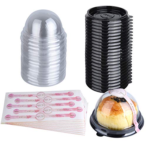 MIAHART 50 Pack Clear Plastic Mini Cupcake Container with 50 Pcs Label Stickers Baking Mini Cake Boxes Muffin Boxes Dome Box Candy Boxes, Black